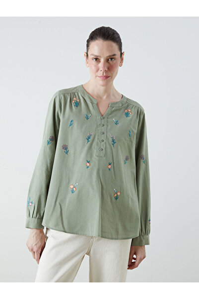 LC Waikiki Alita City Lcw Grace Green Floral Collar Long Sleeve Women's Blous...