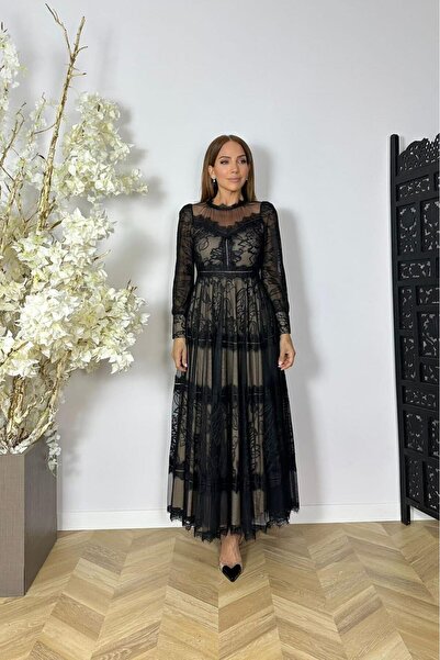 gesmoda G1526 Dantel Tasarım Maksi Abiye Elbise Siyah