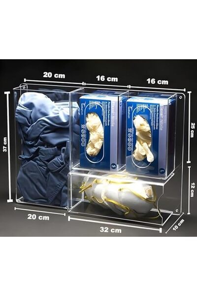 Slasa Acrylic PPE Dispenser – Wall 4-Compartment Holder for Gloves, Masks, Sanitizer, 52x10x37 cm