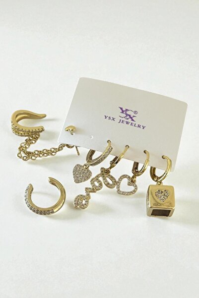 TAKIŞTIR مجموعة من 6 أقراط YSX باللون الذهبي مع تفاصيل حجرية بأشكال متنوعة