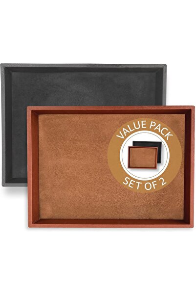 LeART صينية خدمة رجالية ونسائية - منظم صواني جلدي (عبوة من قطعتين - أسود وبني)