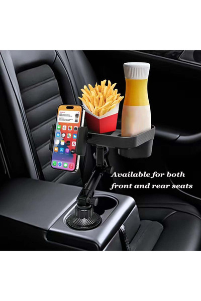 Denx 3-in-1 Car Cup Holder, Food Tray With Phone Mount, 360° Rotating Auto Food & Drink Tray