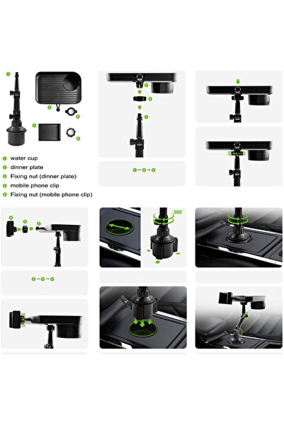 Denx 3-in-1 Car Cup Holder, Food Tray With Phone Mount, 360° Rotating Auto Food & Drink Tray