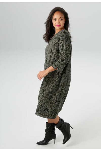 Şans Kadın Büyük Beden Haki, Yan Cepli, Truvakar Kol, V Yaka Ankor Kalın Elbise 65N39112