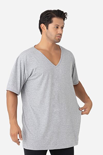 Arma Yıldız Ανδρικό μπλουζάκι με γκρι λαιμόκοψη σε σχήμα V, κοντό μανίκι, μεγάλο μέγεθος, βασικό μπλουζάκι, 100% βαμβάκι, χτενισμένο βαμβάκι