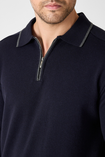 Frappoli Solin Men's Navy Blue Italian Ribbed Zippered Cotton Sports Polo Collar