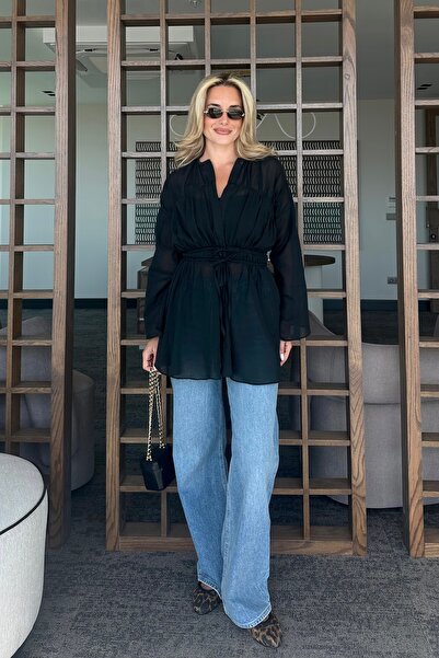 Laluvia Black Waist Detailed Voile Linen Shirt