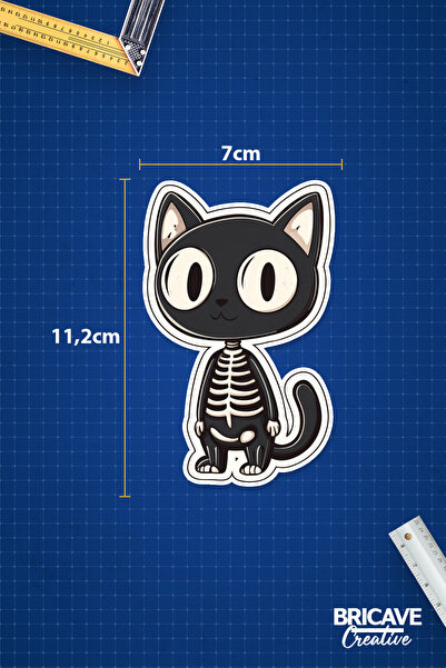 Bricave Sevimli Kedi İskelet Sticker Araba Motosiklet Kask Laptop Cam Etiket Sticker 7x11,2cm B2