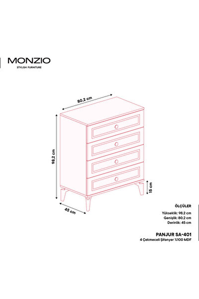MONZIO Panjur 4 Çekmeceli Şifonyer %100 MDF