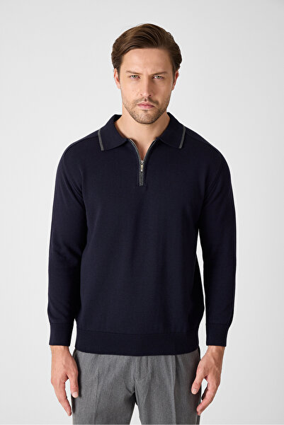 Frappoli Solin Men's Navy Blue Italian Ribbed Zippered Cotton Sports Polo Collar