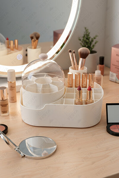 Fesya Home Mi̇ra 21 Compartment 360 Degree Rotatable Makeup Organizer – Cosmetic Organizer Box with Transparent Lid