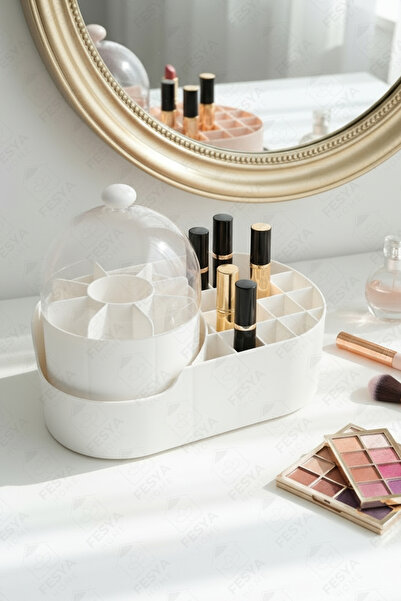 Fesya Home Mi̇ra 21 Compartment 360 Degree Rotatable Makeup Organizer – Cosmetic Organizer Box with Transparent Lid