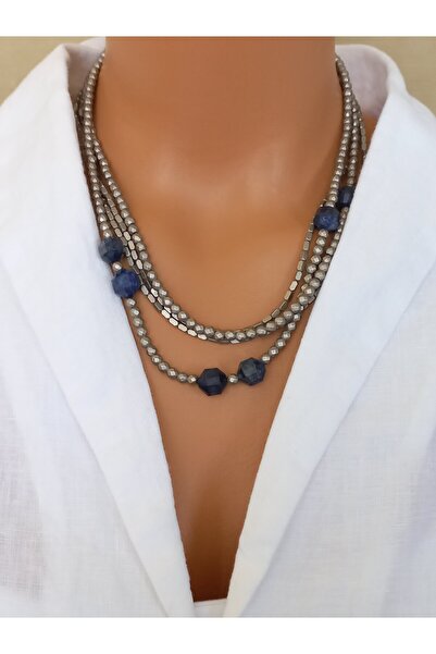 LemaStone قلادة من الحجر الطبيعي: مصممة من حجر لايس وحجر الهيماتيت.