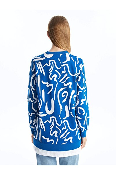 LC Waikiki Lcw Modest Navy Blue Crew Neck Print Women's Sweatshirt Tunic