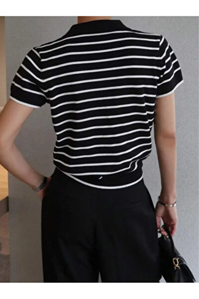 meday Clothing Women's Polo Neck Striped Short Sleeve Knitwear Blouse