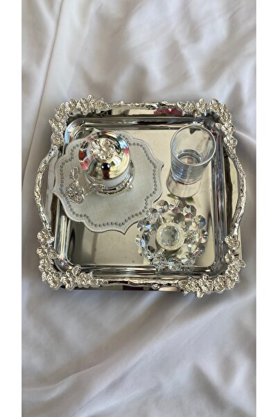 Z&B FLOWERS Gümüş Kahve Tepsisi 22 cm Damat Kahvesi Söz Tepsisi Nişan Tepsisi