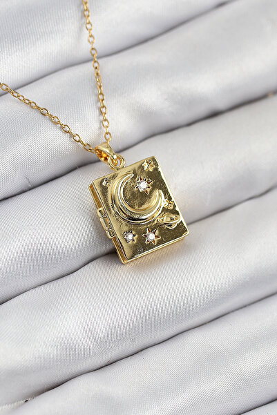 STİLLOVE 316L Çelik Zirkon Taşlı Açılabilr Kapaklı Kitap Model Gold Renk Kadı...