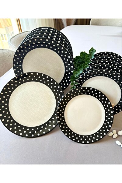 Yiğit Seramik Züccaciye Elegance Polka Dot 6 Serving Plates + 6 Cake Plates Presentation Plates