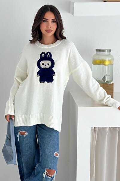 ZISHAN Πουλόβερ χειμερινό πλεκτό με κέντημα Labubu - Νέα σεζόν Oversize Design 66022