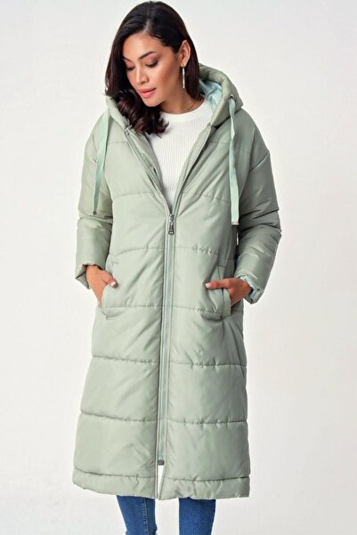 Buklemoda 5120 Hooded Long Puffer Coat - Mint