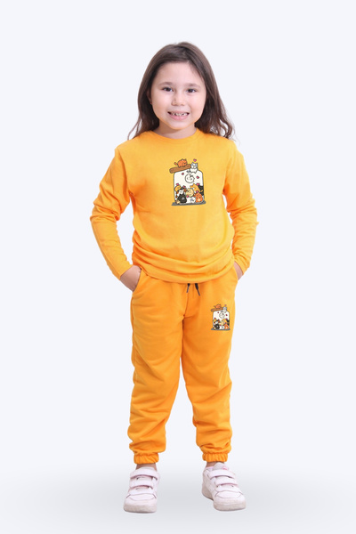 FYK KİDS Girl's Round Neck Cat Print Detailed Top and Bottom Pajama Set