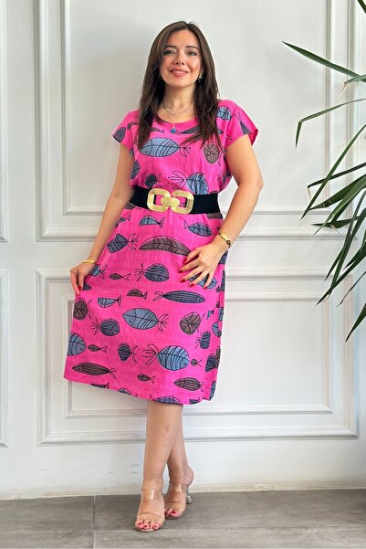 Yağmur Butik Εισαγόμενο βαμβακερό φόρεμα με κοντά μανίκια και σχέδιο ψαριού