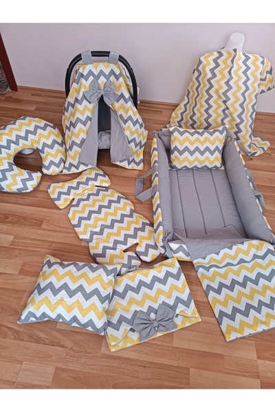 SARIYILDIZ BABYNEST Sarı Zikzak Düz Gri Kare Yataklı 10 Parça Babynest Seti