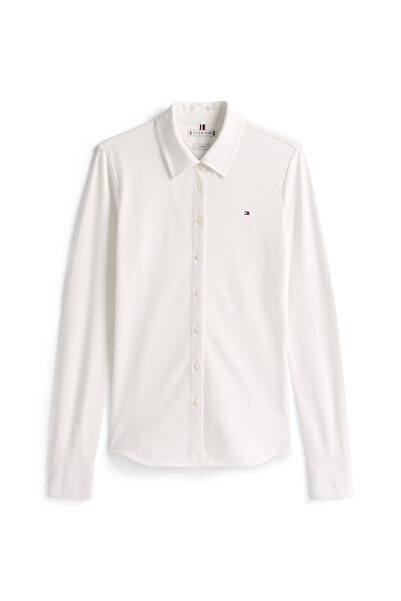 Tommy Hilfiger قميص تومي هيلفيغر نسائي بيج 1985 ضيق بأكمام طويلة من قماش بيكيه