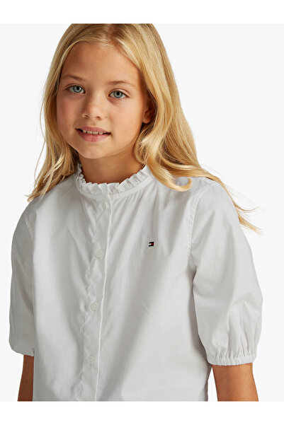 Tommy Hilfiger Girls White Poplin Regular Fit Ruffle Collar Shirt