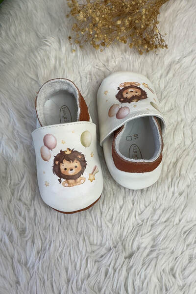 Beybium Lion Printed Genuine Leather Baby Shoes Tan