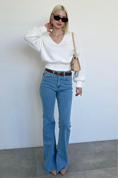 Madmext Bone Color V-Neck Soft Textured Women's Sweater Mg2499