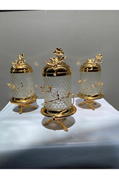 AZADE BAKIR Gold Brass Meridian Bird Cracked Glass Jar Set of 3