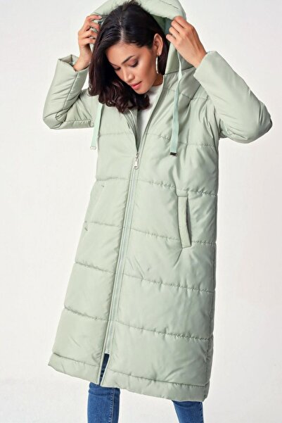 Buklemoda 5120 Hooded Long Puffer Coat - Mint