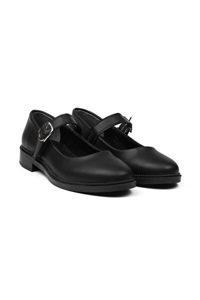 KAJILA Women's Black Mother Shoes Buckled Leather Anti-Slip Thermo Sole Short Heeled Comfortable Casual