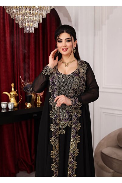 ZENABİYEM Zena Fashion Nakış İşlemeli Altı Kloş Elbise Üstü Abaya Kaftan