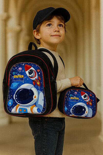 KESKİN BEBE Astronot Desenli Erkek Çocuk Okul Çantası ve Beslenme Çantası Takım
