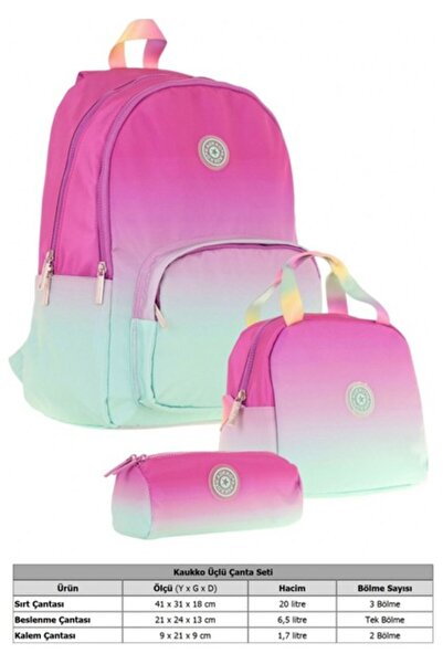 KAUKKO Rainbow Pembe Yeşil Renk Geçişli Kız Çocuk Üçlü Ilkokul ve Ortaokul Çanta Seti