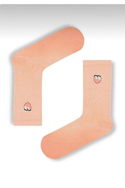 çorapmatik Şeftali Desenli %100 Pamuk Nakışlı Tenis Çorap