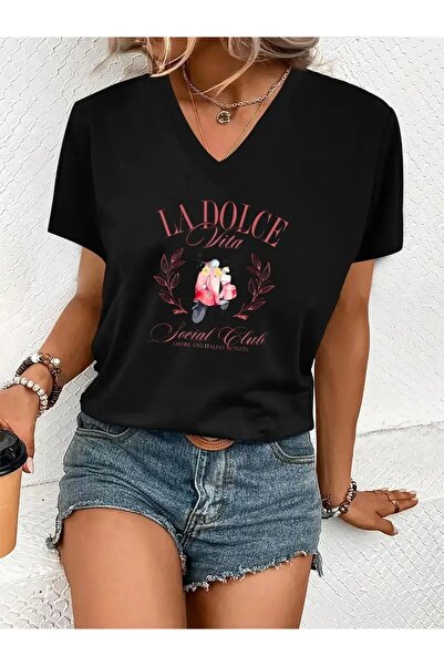 Deocept La Dolce Vita Printed Women's Oversize V-Neck T-Shirt
