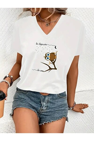 Deocept تي شيرت نسائي كبير الحجم برقبة على شكل حرف V مطبوع عليه بومة