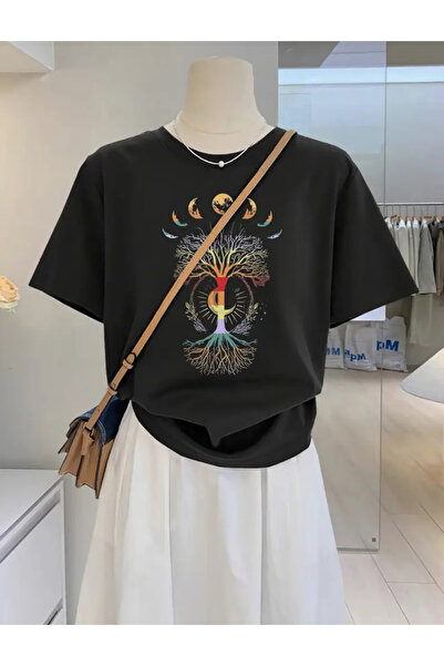 Deocept تي شيرت برقبة دائرية كبيرة الحجم مطبوع عليه شجرة الحياة