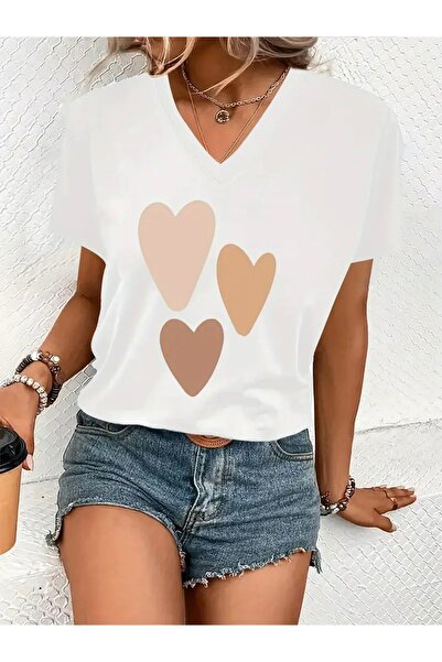 mercoledi Heart Turtles Printed Women's Oversize V-Neck T-Shirt