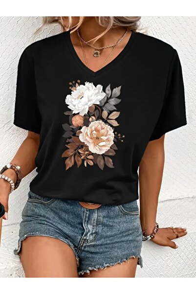 Deocept تي شيرت نسائي كبير الحجم برقبة على شكل حرف V مطبوع عليه زهور