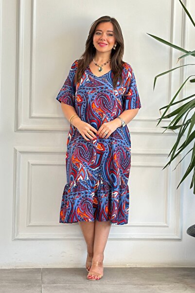 yb yağmur butik Short Sleeve Viscon Dress with Side Pocket Detail and Ruffle Hem