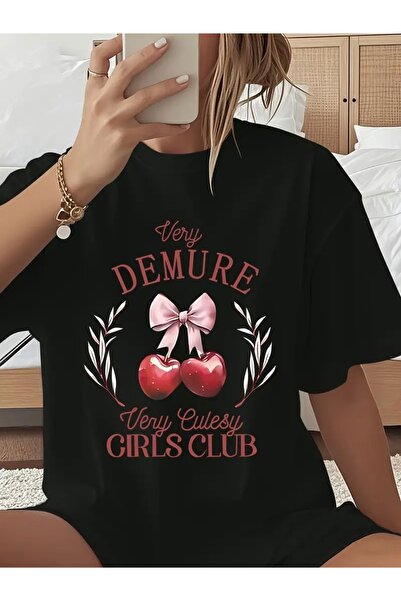 Deocept Demure Cherry Printed Oversize Crew Neck T-Shirt