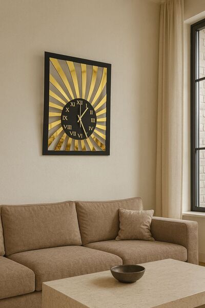 Hode Dekoratif Siyah MDF Duvar Saati - Aynalı Pleksi Detaylı, 50x38 cm Modern...