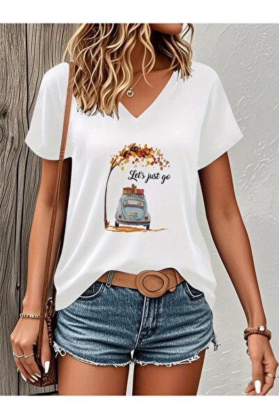 Deocept تي شيرت نسائي مطبوع عليه Let's Just Go برقبة على شكل حرف V