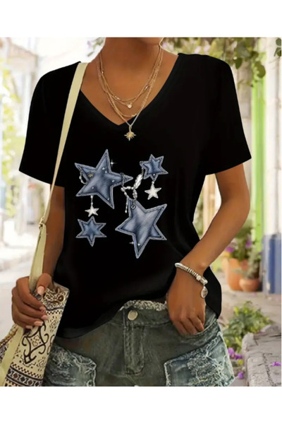 Deocept V-Neck Blue Stars Printed Oversize T-Shirt