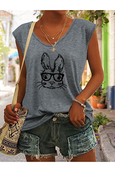 Deocept Glasses Rabbit Printed Women's Oversize Sleeveless T-Shirt