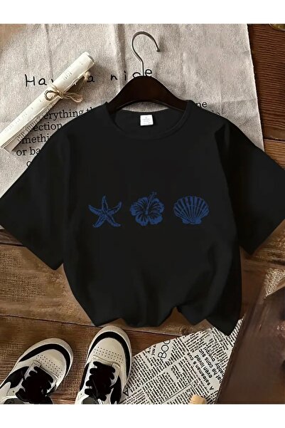 Deocept تي شيرت برقبة دائرية كبيرة الحجم مطبوع عليه نجم البحر والأصداف والزهور